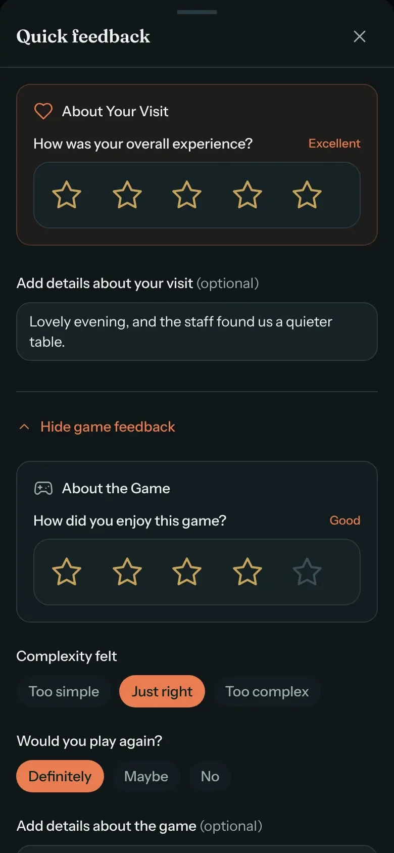 A guest's phone on the Quick feedback sheet at check out: stars for their visit with a short comment, then stars for the game, how complex it felt and whether they would play again.