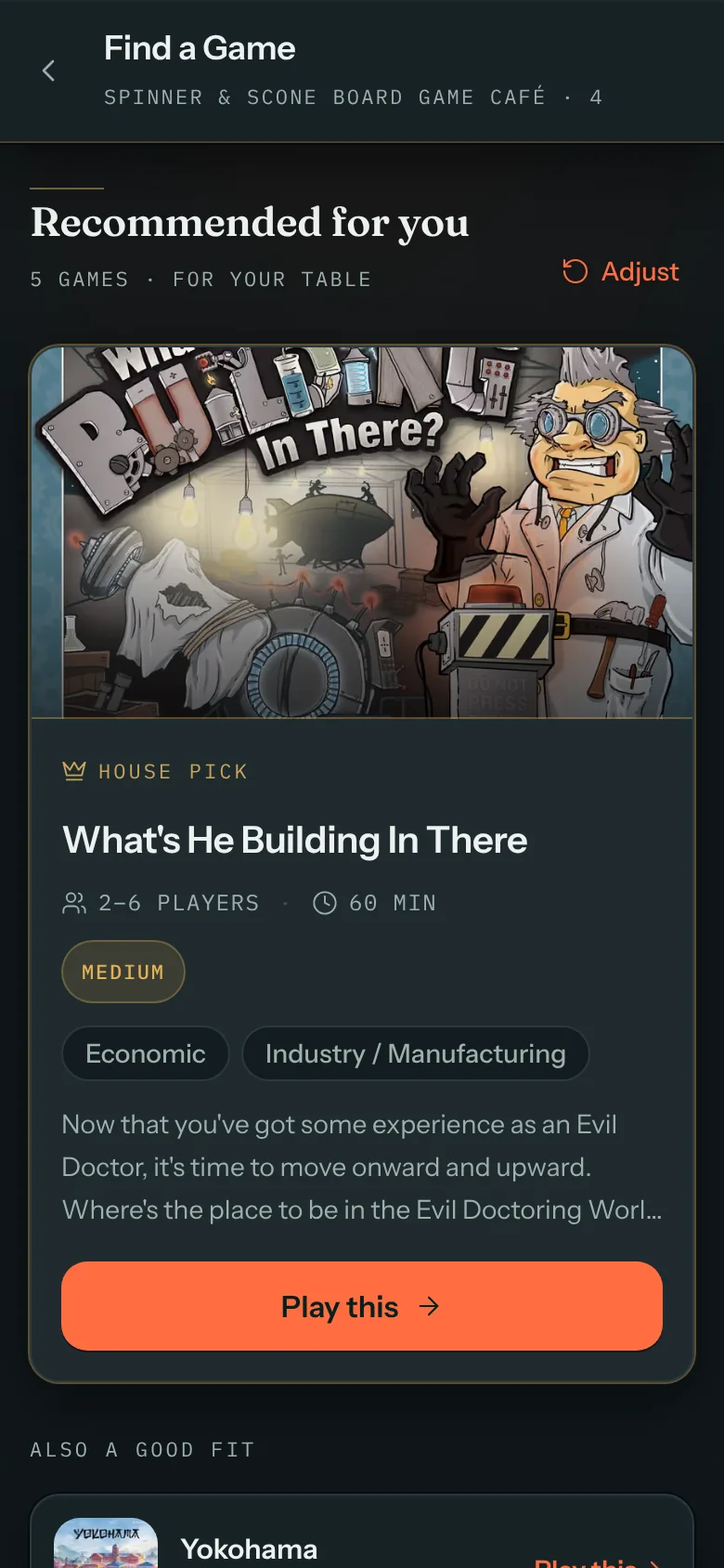 A guest's phone on Find a Game: five picks for their table, starting with a house pick showing its players, play time and themes, and a Play this button.