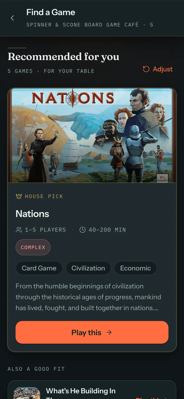 A guest's phone on Find a Game's results: Recommended for you, 5 games for your table, led by a house pick, Nations, with its players, play time, complexity, themes and a Play this button.