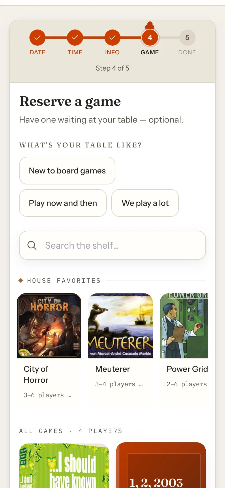 A guest's phone on the Reserve a game step of a booking: what their table is like, a search of the shelf and the café's house favorites.