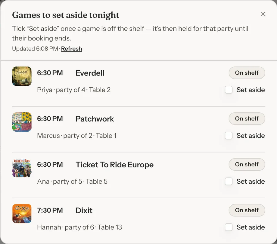 Games to set aside tonight: each reserved game with its time, party and table, marked On shelf, with a Set aside tick box.