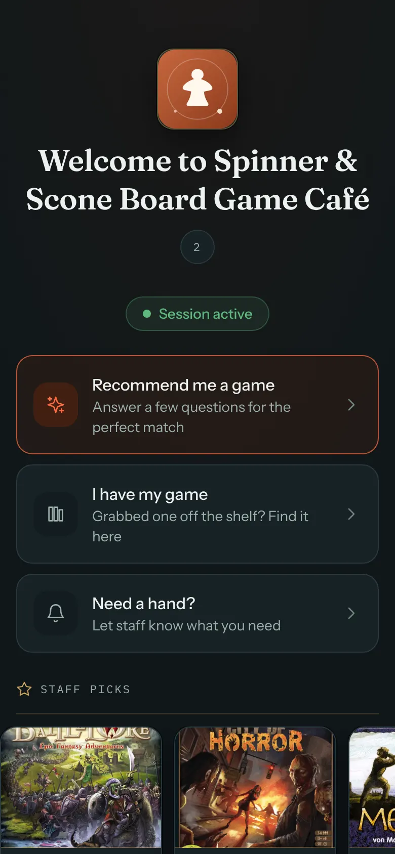 A guest's phone on their table's page after checking in: Session active, then Recommend me a game, I have my game and Need a hand?, with the café's Staff Picks below.