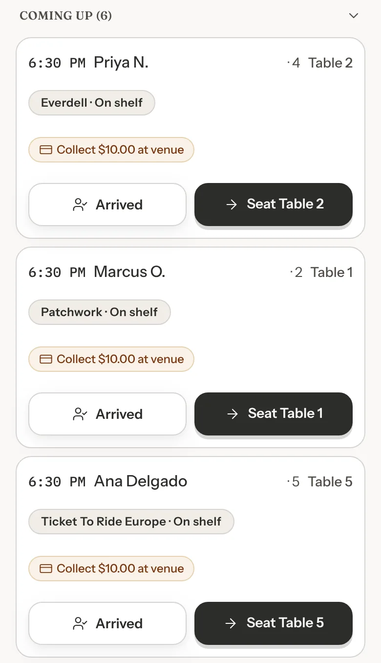 Tonight on a phone: the evening's parties in order, each with its table and reserved game, and Arrived and Seat buttons.