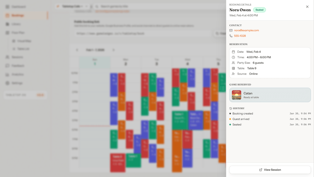 GameLedger smart reservation system showing inventory-aware bookings that prevent ghost tables and double-bookings