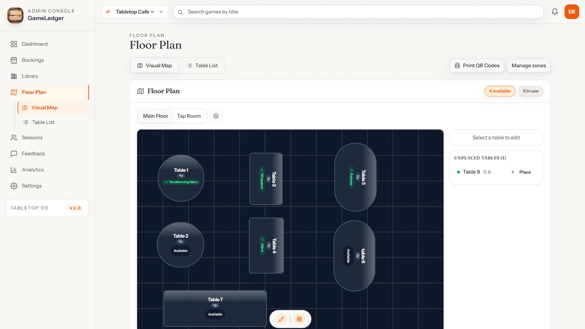 GameLedger table management view with real-time session tracking, QR assignments, and occupancy status for board game cafés
